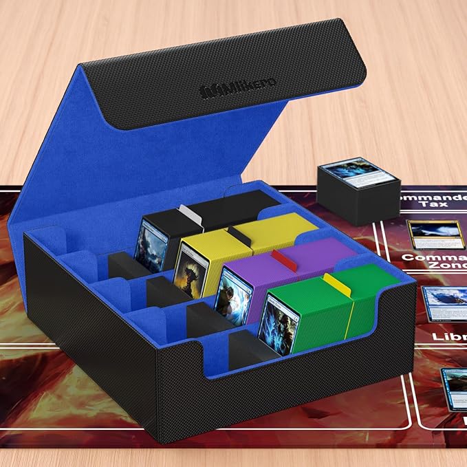 Mlikero Card Deck Case, 2400+ Trading Card Storage Box with 10 Colorful Dividers and 4 Foam Stoppers, Leather Magnetic Closure Commander Deck Box Fit for MTG, TCG (4 Rows, Black&Blue)