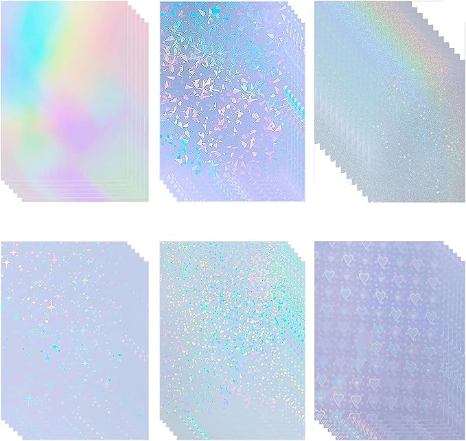 36 Sheets Holographic Sticker Paper Clear Vinyl Sheets Self-Adhesive Overlay Film Laminate Sticker Paper Rainbow/Dots/Star/Broked Glass/Sand Star/Heart, 8.5x11 Inch