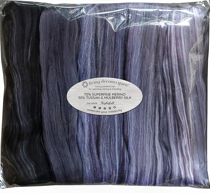 Merino Silk Luxe Tonal Designer Blend. Superfine Merino, Mulberry, Tussah Silk. Top Roving for Spinning or Felting. Nightfall 5oz