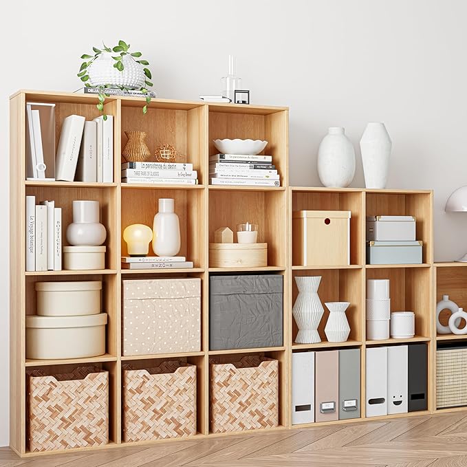 Wooden Cube Storage Organizer with Closed Back Panel, 11in Cube Shelf Opening, Bookshelf, Display Shelf,Closet Cabinet for Home and Office (Natural Oak, 12-Cube 35.98L*9.45W*47.72H)