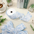 Blue Floral Bow Wired Edge Ribbon Chinoiserie Flower Bowknot Fabric Ribbon for DIY Crafts Wreath Bow Making Supplies, 12 Yard