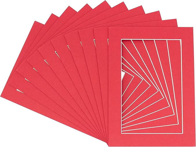Pack of Ten Acid Free 8x10 Mats Bevel Cut for 5.5x8.5 Photos - Deep Red Precut Matboards With Backing Boards and Self Seal Photo Mat Bags For Pictures, Photos, Framing - 4-ply Thickness