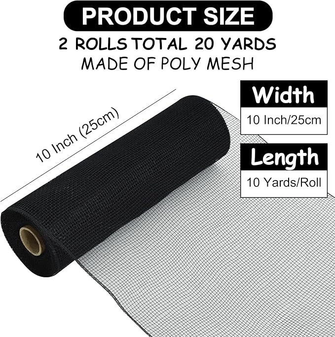 TONIFUL 2 Rolls 10 Inch Black Decorative Mesh Ribbbon Rolls, Fabric Mesh for Mesh Wreath Supplies, Front Door Wreath Crafts Tree Decor Christmas NewYears Halloween Decoration (10 yds/roll)