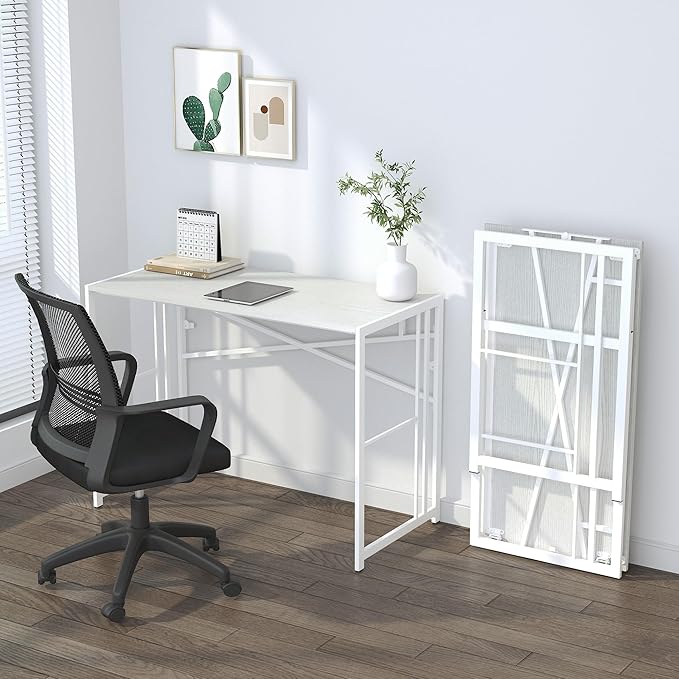 Folding Desk 40 inch Writing Gaming Computer Camping Table, No Assembly Required Home Office Desk, White