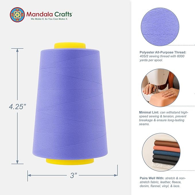 Mandala Crafts 4 Pack of Serger Threads Cones Spools - 40S/2 24000 Yards Polyester Periwinkle Threads for Sergers Machine and Overlock Quilting Sewing Machine