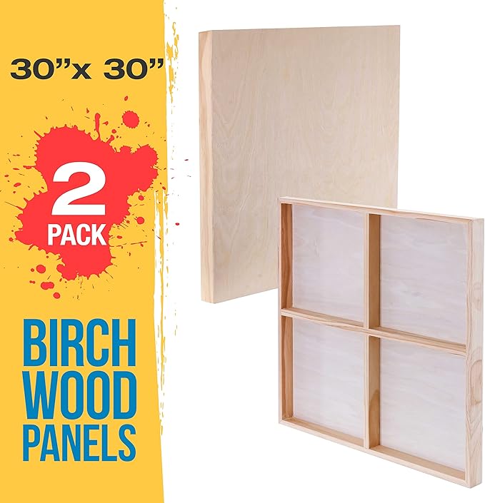 U.S. Art Supply Unfinished Cradled Wood Panels for Painting, 2 Pack of 30x30 inch - Gallery Birch Wooden Canvas Boards 1-1/2" Deep - Mixed-Media Craft, Acrylic, Oil, Encaustic, Paint Pouring