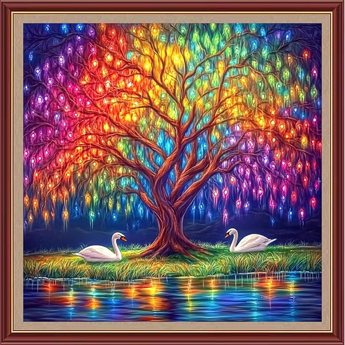 DMCXART Counted Cross Stitch Kits for Adults Needlepoint Kits Unprinted Cross Stitching Embroidery Kit 11CT Cross Stitch Supplies-Tree of Life Swan 18x18 inch