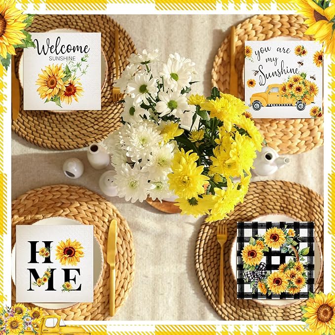 Fulmoon 200 Pieces Summer Sunflower Cocktail Napkins Disposable Floral Dessert Paper Napkins Bulk Sunshine Decoupage Beverage Towel for Summer Sun Party Dinner Decorative