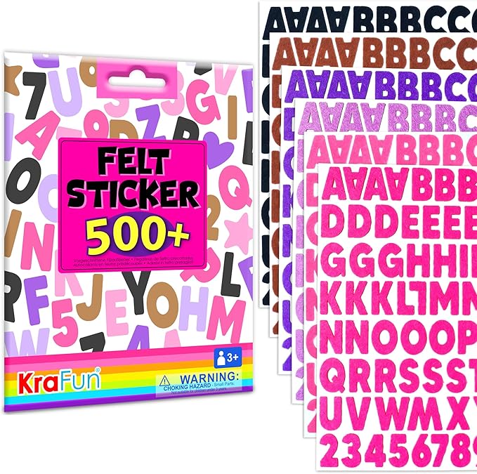 KRAFUN Black and Pink Felt Sticker Kit for Beginner Young Girls and Kids Arts & Crafts, Pack of 500+ Assorted Scrapbook Stickers Alphabets, Numbers, Fun Shapes, Preschool, Children Early Learning