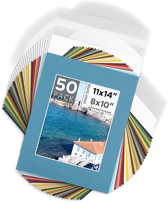 Mat Board Center, Pack of 50, 11x14 for 8x10 Mix Color Mat Kit - Acid Free, 4-ply Thickness, White Core - Includes Backing Boards and Clear Bags - for Pictures, Photos, Framing