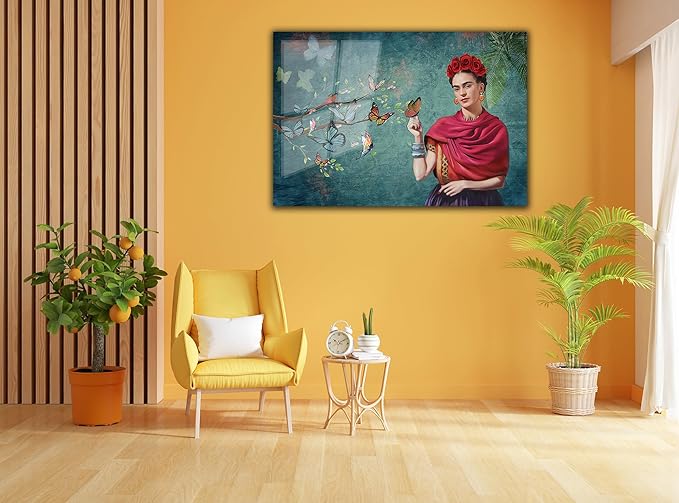 SpiritualHands Frida Kahlo Glasss Wall Art Print, Home Decor Glass Wall Art Artwork for Living Room, Pictures for Bedroom, Hanging Painting Tempered Glass Art