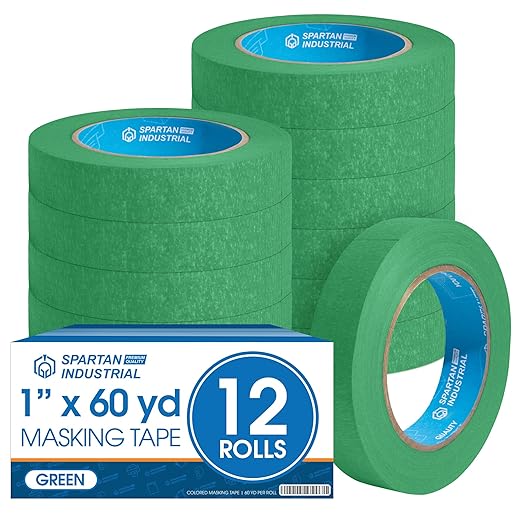 Spartan Industrial - 1" X 60 yd Green Masking Tape - 12 Colored Tape Rolls for Bundling, Labeling, and More - No Residue, 5.5 Mil