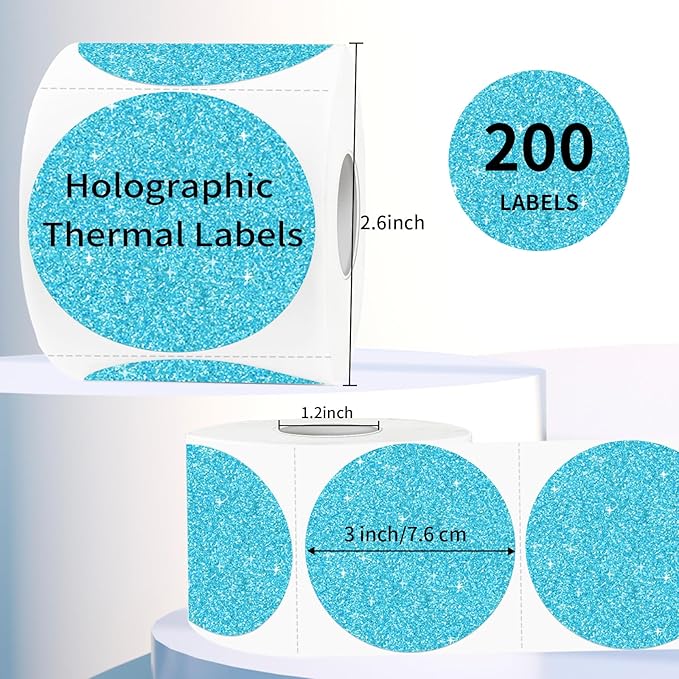 3" Holographic Thermal Label Stickers, Round Direct Thermal Label Stickers, Glitter Thermal Printer Sticker Labels for Gift Wrapping, Self-Adhesive Custom Logo Design- Glitter Blue