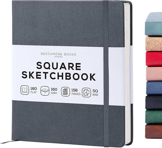 Beechmore Books Square Sketchbook – 8x8 Premium Vegan Leather Bound Large Sketch Book Hardcover with 156 Thick 160gsm Perforated Ivory Pages, Blank Sketch Pad, Gift Boxed Back Pocket, Ribbon Bookmark