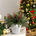 15 Pcs Christmas Norfolk Pine Branches with Red Berry Stems, 19" Extra Long Fake Greenery Norfolk Pine Stems Sprigs, Artificial Xmas Branches Plants Pine Leaves for DIY Craft Garland Home Decor