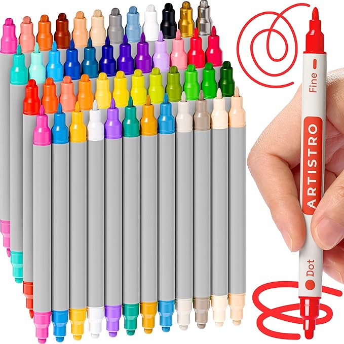 ARTISTRO Vibrant Acrylic Paint Markers for Rock, Fabric, Glass, Wood, Paper, Ceramic, Canvas & More - 48 Dual-Tip Paint Pens (Dot & Fine) - Quick Dry, Teacher Classrooms Must Have, Drawing Markers