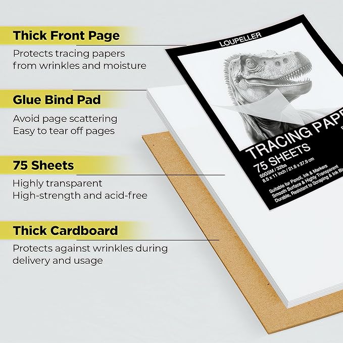 LOUPELLER 8.5” X 11” TRACING Paper for Drawing – 75 Sheets of 32LB / 50G – Wrinkle Free Highly Transparent Tracing Paper Pad – Works with Pen, Pencil & Marker – for Artists, Architects & Kids