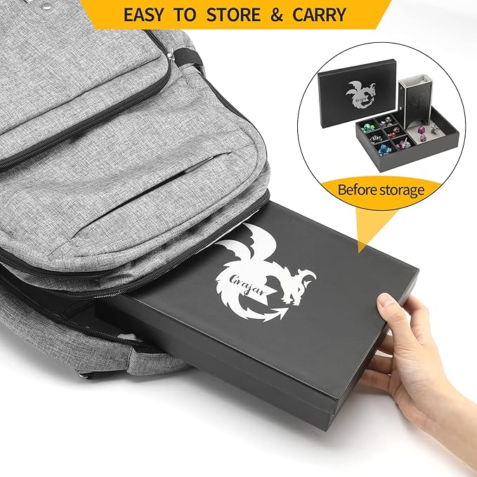 3 in 1 Dice Tray with Lid and Storage Tower, Portable Dice Box Holder for D&D RPG MTG Table Games - Gray