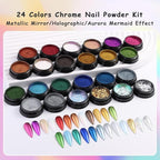 24 Jars Chrome Nail Powder Metallic Mirror Effect Pigment Iridescent Aurora Mermaid Pearl Glitter Dust, Gold Silver Nail Foil Fluorescent Flakes Kit for Resin Craft & Nail Art Decoration