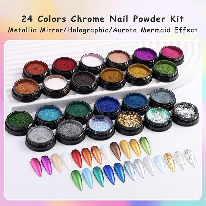 24 Jars Chrome Nail Powder Metallic Mirror Effect Pigment Iridescent Aurora Mermaid Pearl Glitter Dust, Gold Silver Nail Foil Fluorescent Flakes Kit for Resin Craft & Nail Art Decoration