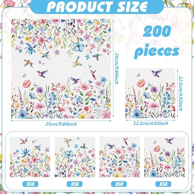 Fulmoon 200 Pieces Summer Floral Cocktail Napkins Disposable Flower Dessert Paper Napkins Bulk Wildflower Hummingbird Decoupage Beverage Towel for Summer Tea Party Dinner Table Decorative Supplies