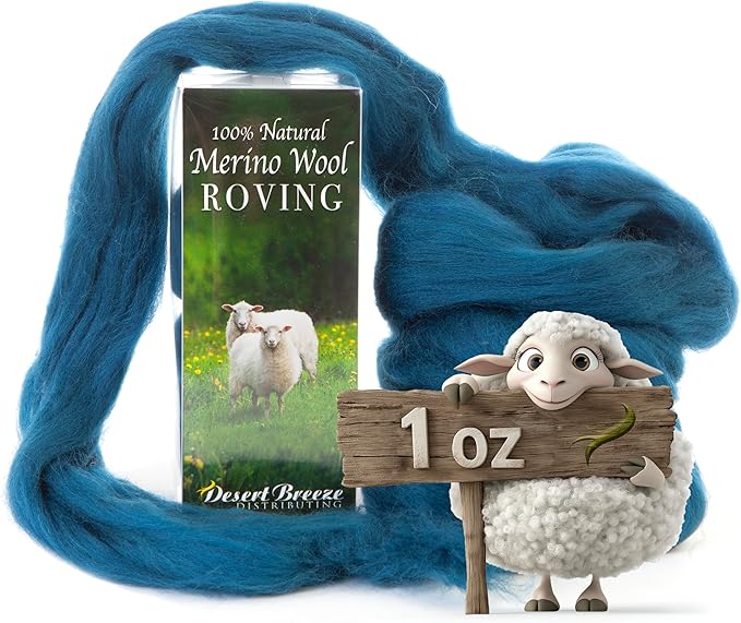 Desert Breeze Distributing 100% Natural Merino Wool Roving - Premium Combed Top Merino Roving Wool - Tapestry, Spinning, Wet Felting & Needle Felting Supplies - 21.5 Micron - 1 oz, Color Teal Blue