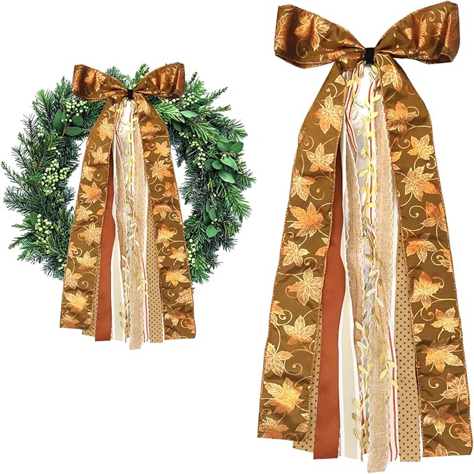 Large Maple Leaf Ribbons Bow for Wreath, Orange Glitter Dot Fabric Ribbons Set Assorted Leaf Lace Ribbon Stripe Clip-On Wreath Sash Ribbon Bundle for Fall Thanksgiving Home Indoor Outdoor Decor