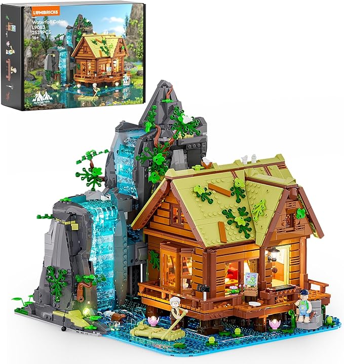 Waterfall-Cabin Lighting Building-Bricks Set - 2539 Pcs Retro Waterfall House Collection LED Light Set for Adults and Retro House Architecture Building Collectors