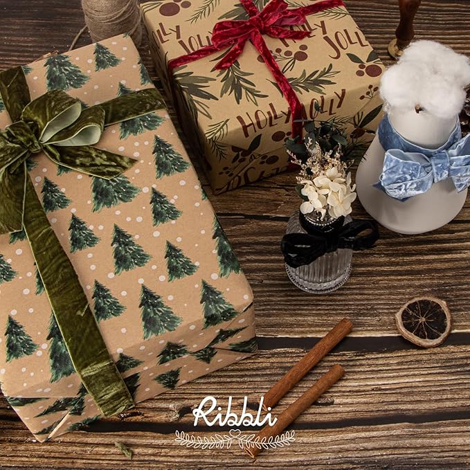 Ribbli Moss Green Velvet Ribbon 3/8 Inches Luxury Crinkled Green Christmas Ribbon for Gift Wrapping Crafts Home Decor-Continuous 10 Yard