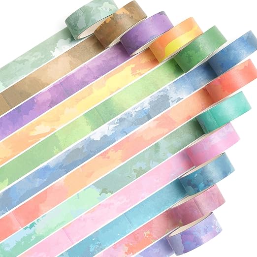 YUBX Watercolors Washi Tape Set 12 Rolls Pastel Colors Masking Macaron Graphic Decorative Tapes for Arts, DIY Crafts, Journals, Planners, Scrapbook, Wrapping