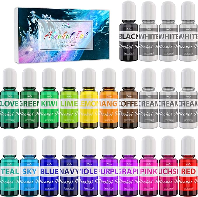 Alcohol Ink Set - 24 x 0.35oz Alcohol Based Ink for Epoxy Resin Painting, Resin Petri Dish Making - Concentrated Alcohol Paint Color Dye with 6 White Color Inks for Resin Art, Coaster, Yupo, Tumbler