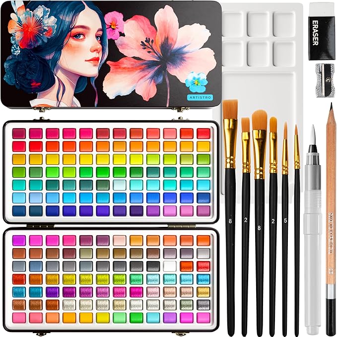 ARTISTRO 168 Watercolor Paint Set, Vivid Colors in Portable Box, Palette set. Perfect Travel Watercolor Set for Artists, Amateur Hobbyists and Painting