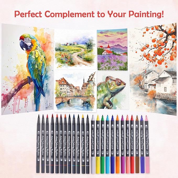 24 Colors Blendable Watercolor Markers 2025 Upgrade Double Tip Paint Pens with 1 Water Brush Pen Water Based Coloring Pens Drawing Markers Set with Flexible Brush Tip for Artists and Beginners