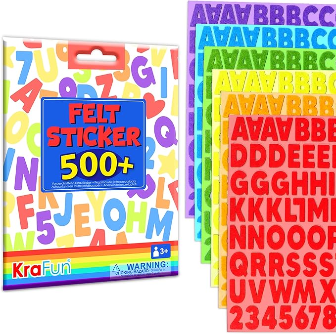 KRAFUN Felt Sticker Kit for Beginner Toddlers, Kids Arts & Crafts, Pack of 500 Assorted Scrapbook Stickers Alphabets, Numbers, Fun Shapes, Preschool, Children Early Learning, self Adhesive