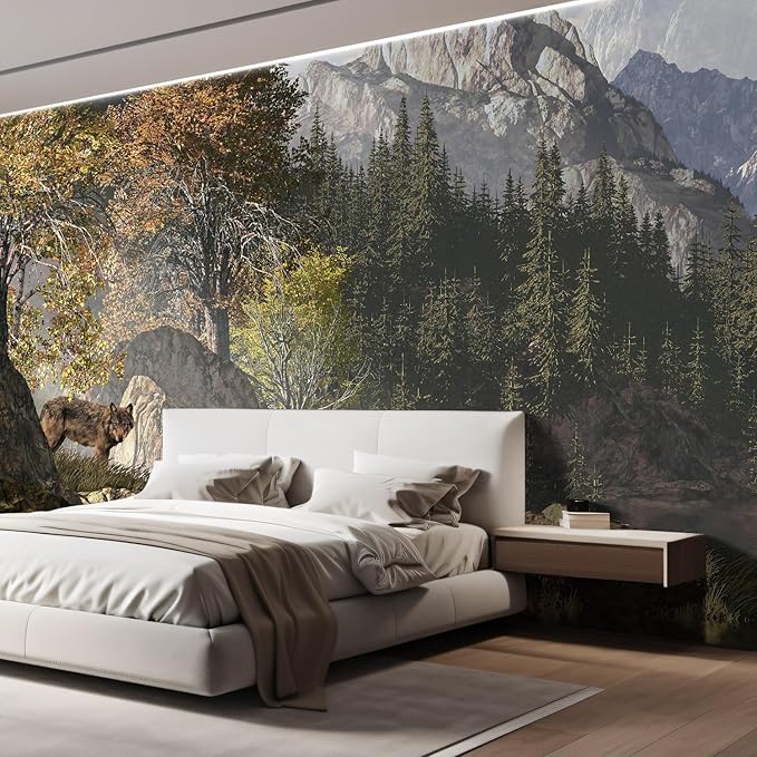 wall26 Wolf Near a Lake in a Rocky Mountain Landscape. Removable Wall Mural | Self-Adhesive Large Wallpaper - 108x120 inches