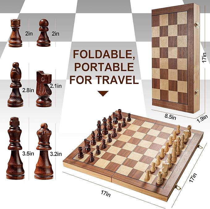 17 Inch Large Chess Set for Adults & Kids, Foldable Wooden Chess Board for Kids, Portable Magnetic Chessboard Game for Adults
