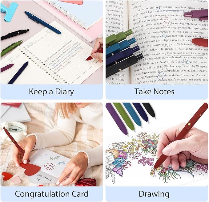 FIOVER Colored Pens, 6 Pack Colorful Gel Pens, Quick-Dry 0.7mm Medium Point for Journaling, Note Taking, Doodling, Aesthetic Office School Supplies, Gifts for Women Men(6PCS Vintage Colorful)