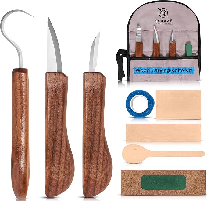 Beginner-Friendly Wood Carving Kit, 3pc Whittling Knife Set with Wood Carving Knives, Spoon Carving Knife, Basswood Blocks, & Fun Learning Videos, Wood Whittling Kit for Beginners from Schaaf Tools