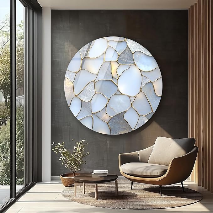 My Photostation.com 31.5''(80cm) Diameter White Stone Mosaic Round Glass Wall Art Tempered Glass Printing Wall Decor Large Wall Art Wall Hangings