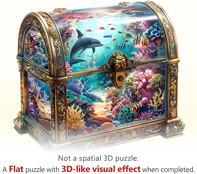 Wooden Puzzles for Adults, Treasure Chest Ocean Wooden Jigsaw Puzzle Unique Shape Animal Wood Puzzles Adult 3D Visual Effect, Birthday Gifts for Puzzle Lovers Family Games (L-13.4 * 12.9in-260pcs)