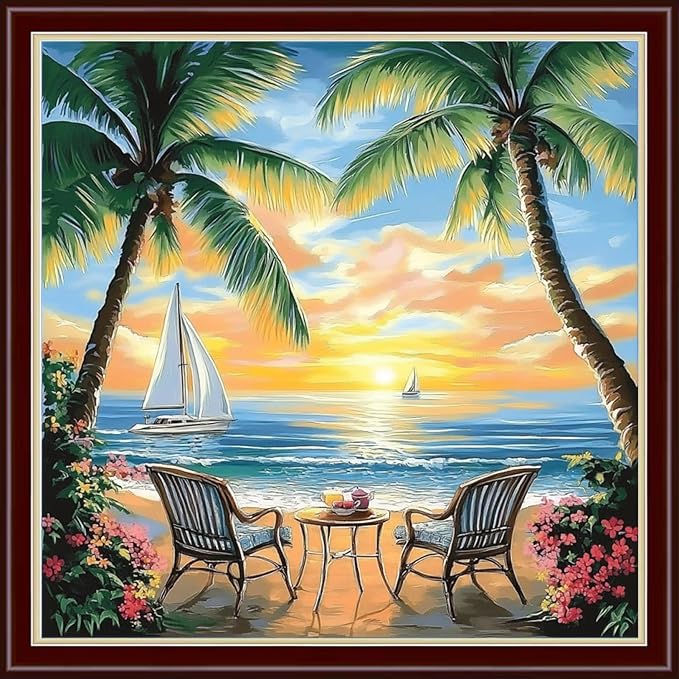 Dimensean Stamped Cross Stitch Kits Full Range of Embroidery Patterns Starter Kits for Beginners Adult or Kids DIY Cross Stitches Needlepoint Kits 11CT-Afternoon Tea by The Sea 18x18 inch
