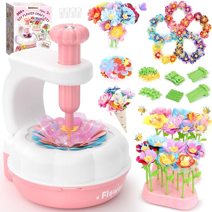 GirlsHome 300+PCS Fabric Flower Bouquets Toys, DIY Flower Crafts Kits for Kids, Arts and Crafts for Kids Ages 6-8 Girls, Build Flower Bouquet, STEM Educational Toy Preschool Gifts (White Pink)