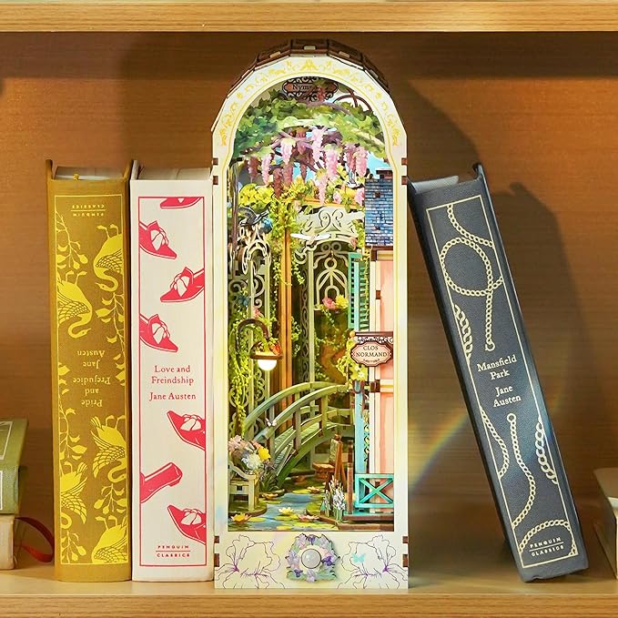 Tonecheer DIY Book Nook Kit for Adults, 3D Puzzle Wooden Miniature House Kit, Booknook Dollhouse Bookshelf Insert Decor Bookend with Dust Cover and LED Lights Gifts (Giverny Garden)