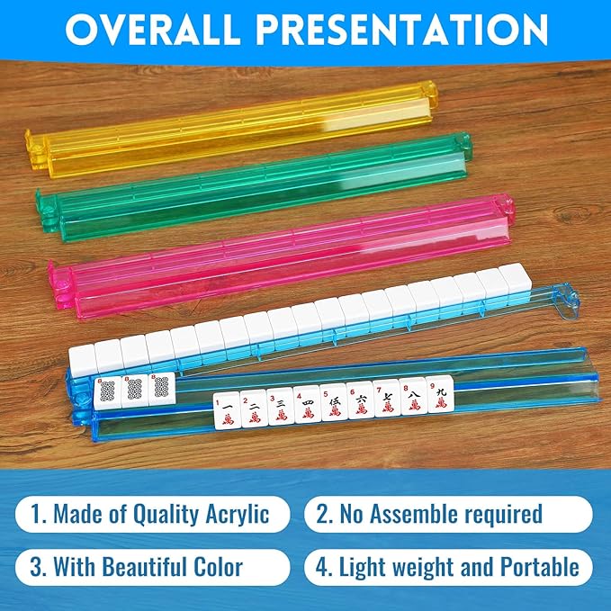 Clear Mahjong Racks with Pushers,4 Colors Acrylic American Majiang Tile Racks,Imports Modern Mahjong Racks with Built-in Pushers- Set of 4