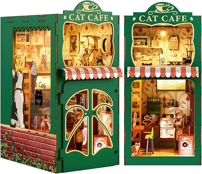 Book Nook Kit,DIY Miniature House Kit for Adults, Teens and Beginners, Dollhouse Booknook Cat Cafe Tiny House Bookshelf Decor 3D Wooden Puzzle, Gifts for Family, Friends