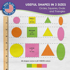 Basic Shapes 1: Circles, Triangles, Squares, Ovals, 676 Pieces US Made Card Stock Punch Out Geometric Shapes in 3 Sizes and 4 NEON Colors for Math, Pattern Play and DIY Crafting