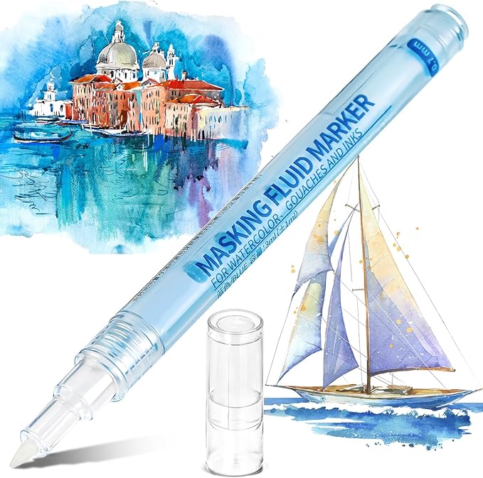 2 Pcs Masking Fluid Pen for Watercolor Painting, Capacity with Applicator Tip, Masking Fluid Marker for Various Art Projects Watercolor Ink (Blue,0.7mm)
