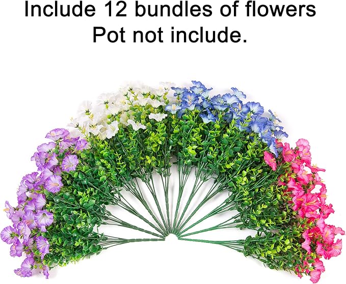 Artificial Flowers Fake Plants for Outdoors Decoration, 12 Bundles Silk Morning Glory with Eucalyptus Realistic UV Resistant Faux Flowers for Outside Planter Porch Yard Patio Garden Home Indoor, Mix