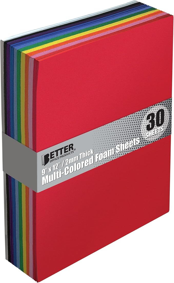 Better Office Products 30 Pack EVA Foam Sheets, 9 x 12 Inch, Assorted Colors (10 Colors), 2mm Thick, for Arts and Crafts, 30 Sheets