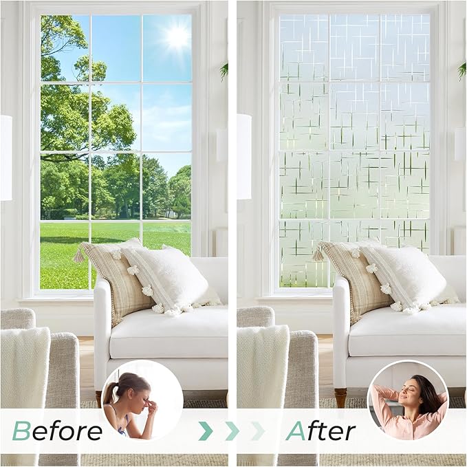 DOWELL Window Privacy Film Frosted Glass Window Film, Sun Blocking Non-Adhesive Glass Cling, Decorative Door Sticker, Self Static-Cling Tint Covering for Home Office, Cross Pattern 23.6" x 157.5"